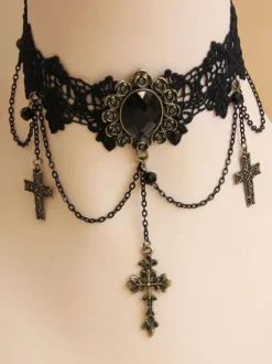 Gothique Lolita Choker Croix Chaîne Dentelle Noir Lolita Collier Déguisements Halloween