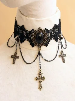 Gothique Lolita Choker Croix Chaîne Dentelle Noir Lolita Collier Déguisements Halloween