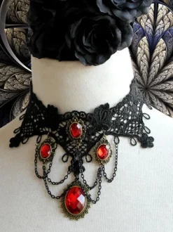 Gothique Lolita Choker Détail en métal Jewel Lace Lolita noir collier Déguisements Halloween