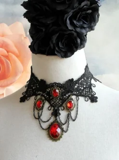Gothique Lolita Choker Détail en métal Jewel Lace Lolita noir collier Déguisements Halloween