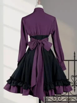 Gothique Lolita OP Robe Noir Rouge à Volant Manche Longue Robe Classique Vintage Déguisement Halloween