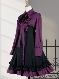 Gothique Lolita OP Robe Noir Rouge à Volant Manche Longue Robe Classique Vintage Déguisement Halloween