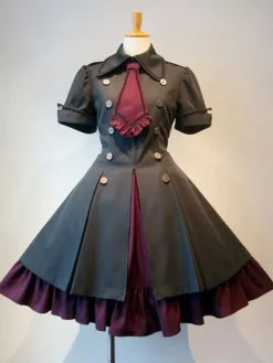 Gothique Lolita Robe OP Style Militaire Volant Noeud Papillon Bouton À Lacets Bourgogne Lolita Robe Une Pièce Déguisements Halloween