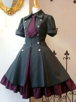 Gothique Lolita Robe OP Style Militaire Volant Noeud Papillon Bouton À Lacets Bourgogne Lolita Robe Une Pièce Déguisements Halloween