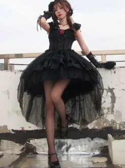 Gothique Lolita Robes Rose Dentelle Noir Corset