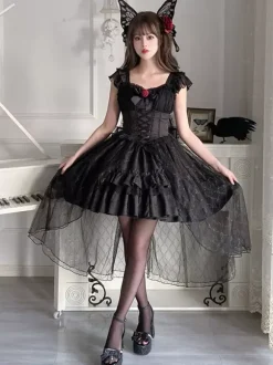 Gothique Lolita Robes Rose Dentelle Noir Corset