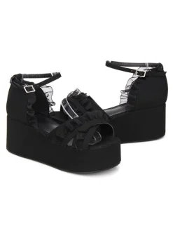Gothique Lolita Sandales Ruffle Ankle Strap Platform Talon compensé Noir Lolita Chaussures Déguisements Halloween
