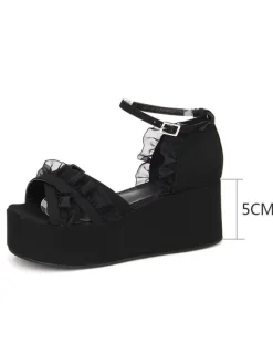 Gothique Lolita Sandales Ruffle Ankle Strap Platform Talon compensé Noir Lolita Chaussures Déguisements Halloween