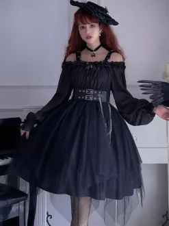 Gothique Lolita OP Robe Noir Bourgogne Vols Manches Longues Épaule Nu Lolita Une Pièce Robe