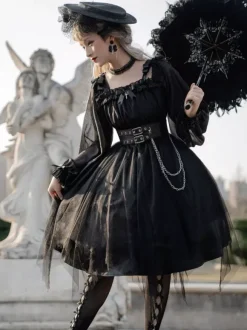 Gothique Lolita OP Robe Noir Bourgogne Vols Manches Longues Épaule Nu Lolita Une Pièce Robe
