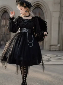 Gothique Lolita OP Robe Noir Bourgogne Vols Manches Longues Épaule Nu Lolita Une Pièce Robe