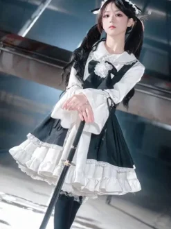 Gothique Lolita Robes Fleurs Volants Noir Noir