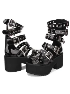Gothique lolita sandale oeillet boucle plate-forme chunky talon pu noir lolita chaussures Déguisements Halloween