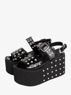 Gothique Lolita Sandales Rivets Bout Rond Brevet PU Supérieure Noir Lolita Chaussures Compensées D'été Steam Punk
