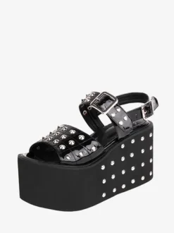 Gothique Lolita Sandales Rivets Bout Rond Brevet PU Supérieure Noir Lolita Chaussures Compensées D'été Steam Punk