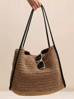 Grand sac cabas en paille à fermeture magnétique sac bandoulière tissé pour la plage sac à main décontracté pour les vacances