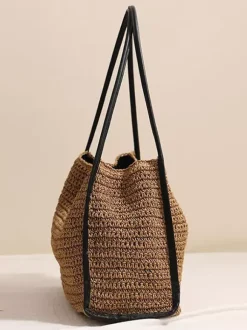 Grand sac cabas en paille à fermeture magnétique sac bandoulière tissé pour la plage sac à main décontracté pour les vacances