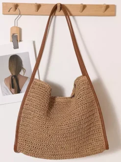 Grand sac cabas en paille à fermeture magnétique sac bandoulière tissé pour la plage sac à main décontracté pour les vacances