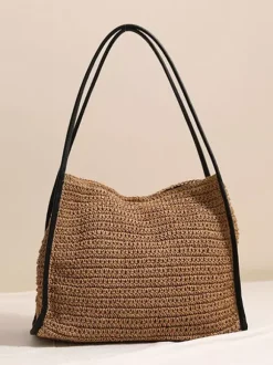 Grand sac cabas en paille à fermeture magnétique sac bandoulière tissé pour la plage sac à main décontracté pour les vacances