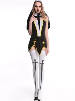 Halloween Carnaval Costumes Noire S艙ur Croix Découpée 4 Pièces Costumes de Fête