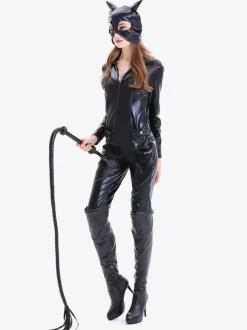 Halloween Combinaison Sexy En Cuir PU Pour Femme Noire Cosplay Chat Déguisement Halloween