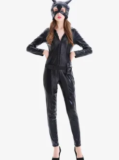 Halloween Combinaison Sexy En Cuir PU Pour Femme Noire Cosplay Chat Déguisement Halloween