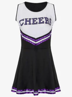 Halloween Déguisement Cheerleader Pom-pom Girl Adulte Pour Femmes Noir Sexy Polyester Robe Courte Vacances Costumes Ensemble Complet