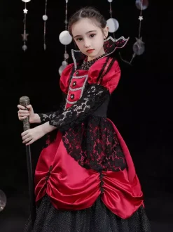 Halloween Polyester Fibre Tea Party 3/4 Longueur Manches Polyester Combinaison Robes Lolita rouges rouges gothiques