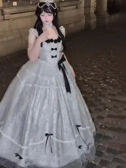 Halloween Robe de mariée gothique Lolita bleu gris robe de soirée en jacquard avec n艙uds et volants mode kawaii