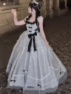 Halloween Robe de mariée gothique Lolita bleu gris robe de soirée en jacquard avec n艙uds et volants mode kawaii