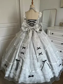 Halloween Robe de mariée gothique Lolita bleu gris robe de soirée en jacquard avec n艙uds et volants mode kawaii