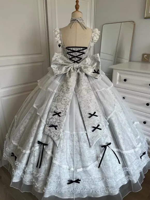Halloween Robe de mariée gothique Lolita bleu gris robe de soirée en jacquard avec n艙uds et volants mode kawaii