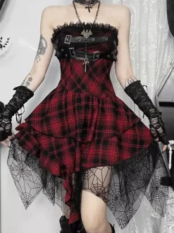 Halloween Robe gothique pour femme bordeaux avec 艙illets et volants en dentelle et tunique punk en polyester