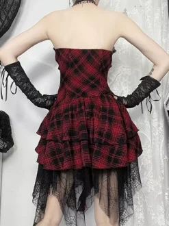 Halloween Robe gothique pour femme bordeaux avec 艙illets et volants en dentelle et tunique punk en polyester