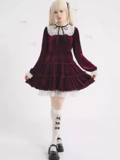 Halloween Robe Lolita en dentelle décolleté manches longues volants en velours robe gothique