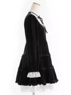 Halloween Robe Lolita en dentelle décolleté manches longues volants en velours robe gothique