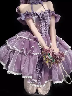 Halloween Robes gothiques Lolita à n艙uds et volants robes violettes à blocs de couleurs