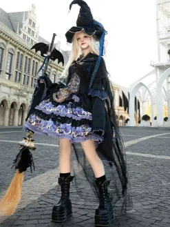 Halloween Robes gothiques Lolita à volants appliqués et imprimé floral noir noir