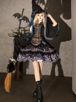 Halloween Robes gothiques Lolita à volants appliqués et imprimé floral noir noir