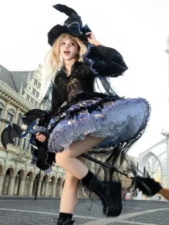 Halloween Robes gothiques Lolita à volants appliqués et imprimé floral noir noir