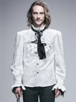Halloween Carnaval Chemises Gothiques Homme Haut Blanc Manches Longues Volants Dentelle Blouse Rétro