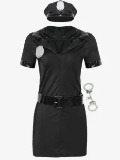 Halloween Corps Costume Pour Femmes Policière Chapeau Ceinture Menottes Robe 4 Pièces Ensemble Costume De Vacances Ensemble Complet
