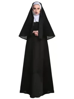 Halloween Costume de nonne d'halloween pour les femmes robe longue à capuche noire chapeaux Costume de vacances ensemble complet