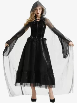 Halloween Costumes de sorcière d'Halloween pour les femmes Robe longue en tulle noire Cape Polyester Costumes de vacances Ensemble complet