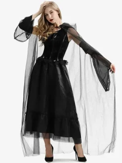 Halloween Costumes de sorcière d'Halloween pour les femmes Robe longue en tulle noire Cape Polyester Costumes de vacances Ensemble complet