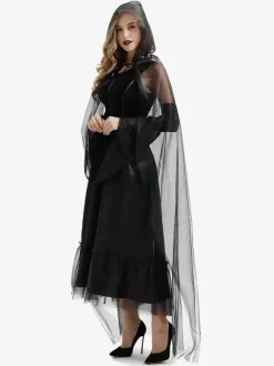 Halloween Costumes de sorcière d'Halloween pour les femmes Robe longue en tulle noire Cape Polyester Costumes de vacances Ensemble complet