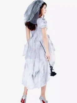 Halloween Fantôme Mariée Costumes Pour Femmes Blanc Sexy Voile Robe Polyester Dentelle Vacances Costumes Ensemble Complet