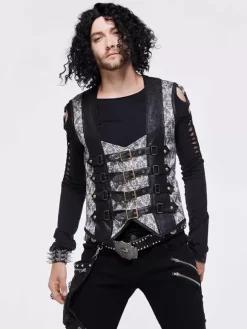 Halloween Gilet en patchwork jacquard gothique punk pour homme costume argenté