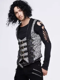 Halloween Gilet en patchwork jacquard gothique punk pour homme costume argenté