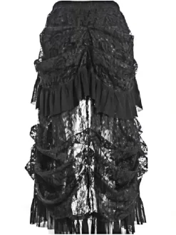 Halloween Jupe Gothique 2026 Noir Plissés Dentelle Femmes Coton Jupe Rétro Déguisements Halloween